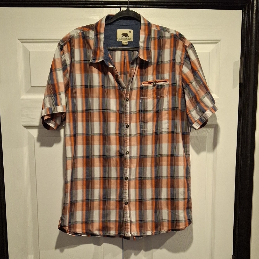 Men's Plaid Button-Down Shirt in Orange and Blue